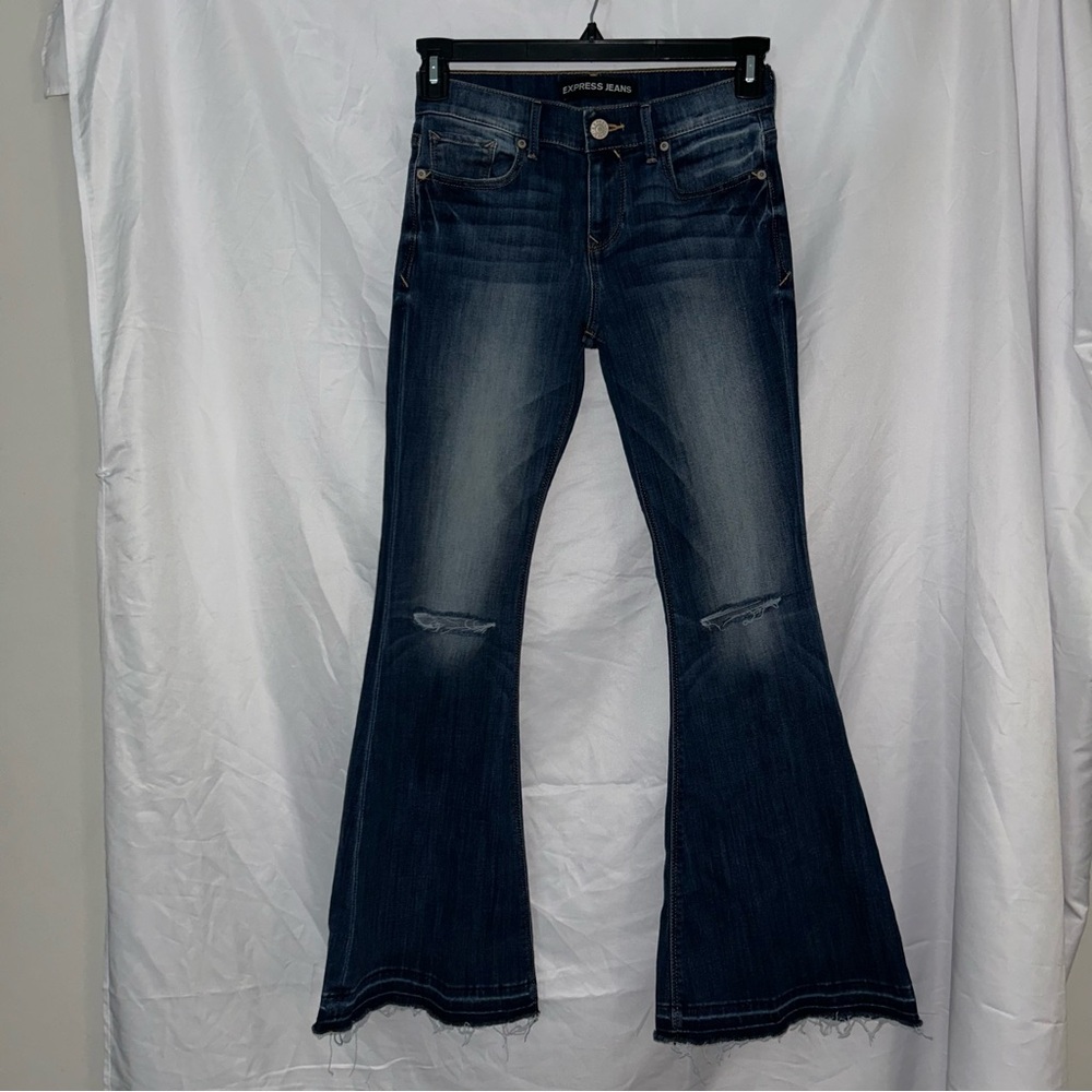Express Jeans Flare Mia Mid Rise Distressed Raw Hem Denim Pants Y2K Dark 2 SHORT